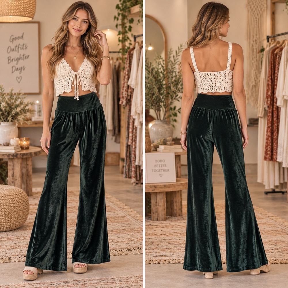 Earthbound Trading Co Boho Green Velvet Corduroy Flare Pants Bell Bottoms Medium
